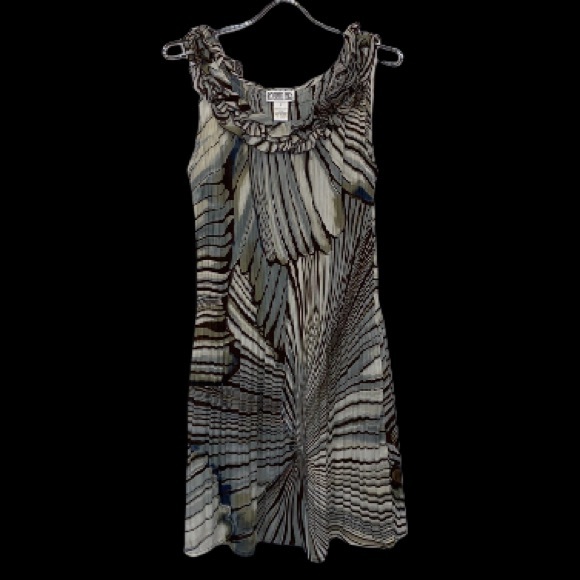 Robbie Bee Dress Pleated,Ruffle neckline sleeveless abstract tan brown size 8 - Picture 10 of 13